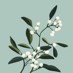 Minimalist winter vector illustration of mistletoe branch with white berries and green leaves on soft pastel background for Christmas and holiday designs