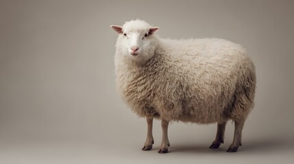 Obraz premium A fluffy white sheep standing on a plain background, looking directly at the camera.