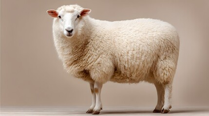Fototapeta premium A Fluffy White Sheep Standing Proudly Against a Neutral Background, Portrait.