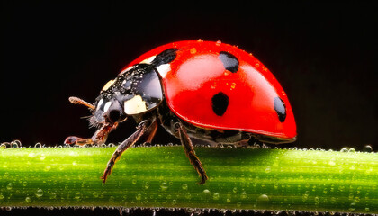 A macro shot of water droplets on a green branch and a beautiful ladybug.