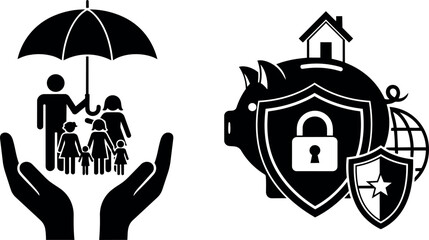 Black flat design icons representing family protection under umbrella and secure piggy bank with lock and globe shield symbols