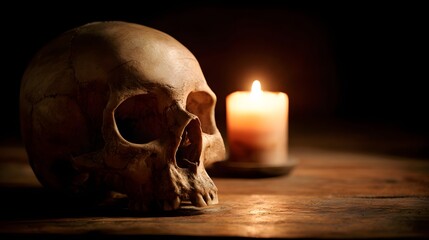 A macabre still life featuring a skull and a flickering candle in the darkness, evoking mortality.