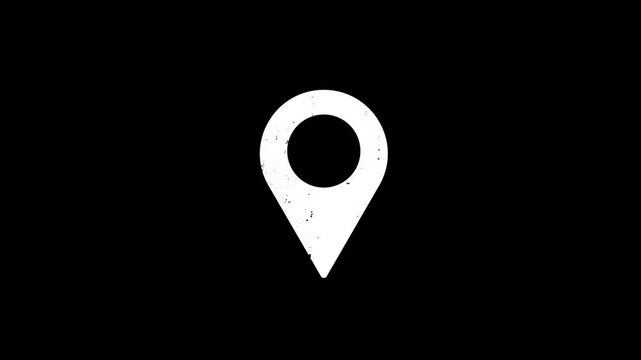 Animated white map marker icon with a distressed grunge texture on a black background for vintage travel maps navigation apps and artistic location tracking.
