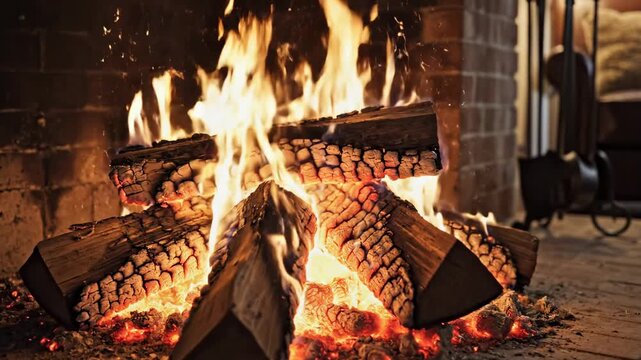 Bright wooden logs burn in a brick fireplace with glowing embers, showing a cozy hot fire. Home warmth and holiday comfort.