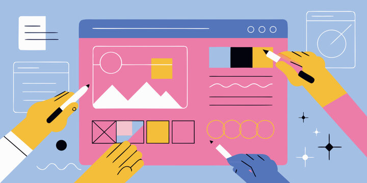 Digital design interface with hands interacting and creating on a screen