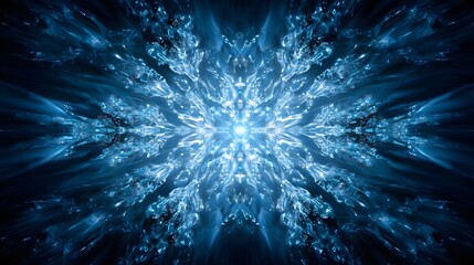 Abstract Blue Fractal Design with Central Bright Light and Symmetric Patterns.