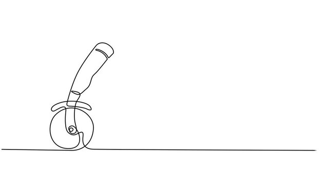 Animated self drawing of continuous line draw of Stainless Steel Pizza Cutter with Wooden Handle. Pizza cutter with wooden handle. Sketch. Engraving style. Vector illustration, Pizza cutting wheel too