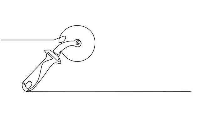 Animated self drawing of continuous line draw of Stainless Steel Pizza Cutter with Wooden Handle. Pizza cutter with wooden handle. Sketch. Engraving style. Vector illustration, Pizza cutting wheel too