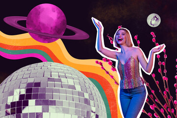Creative pop photo 3d trend banner collage of happy girl dance futuristic party saturn planet space...