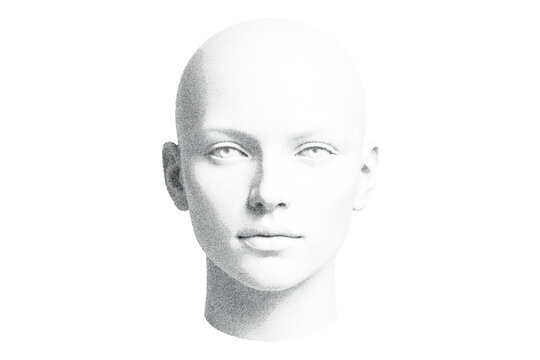 Detailed dotwork illustration of bald human face with neutral expression, drawn in stippling style