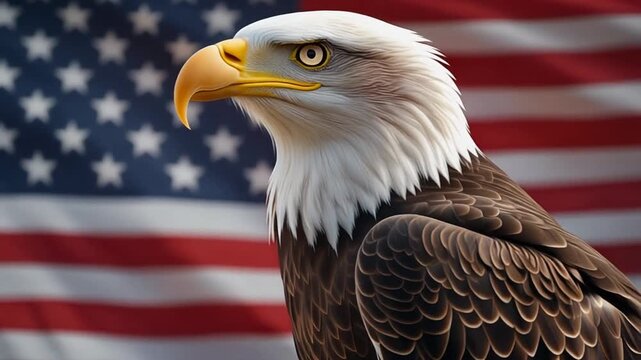 Majestic bald eagle profile in front of a blurred American flag background
