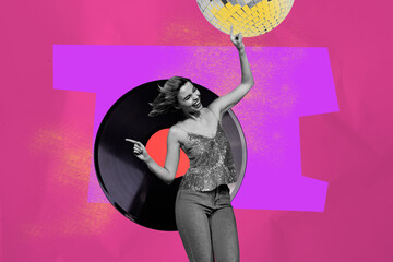 Trend artwork collage template composite sketch of vinyl discoball party rest entertainment event...