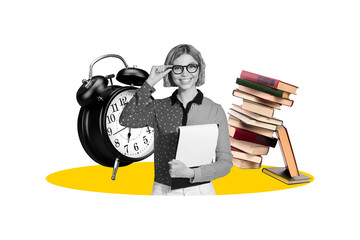 Artwork image pop full photo collage of happy student girl sit book stack alarm clock education...