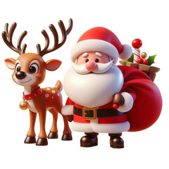 Santa Claus, dressed in red and holding a sack of gifts, stands beside a reindeer wearing a gold star collar