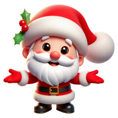 A cute cartoon Santa Claus, dressed in a red holly outfit, smiles and opens his arms to welcome you.