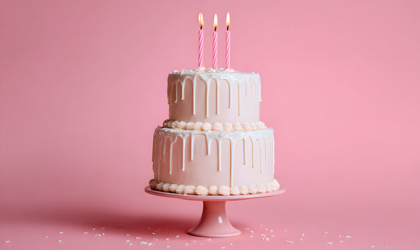 birthday cake with candle on the pink background 