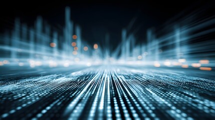 Abstract digital data stream flowing through a futuristic city landscape.