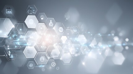 Fototapeta premium Abstract digital hexagon network with glowing light and data symbols.