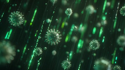 Fototapeta premium Abstract digital illustration of microscopic viruses and glowing green lines, futuristic concept.