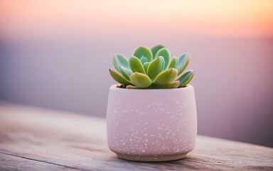 A vibrant close up of a succulent plant in a cute speckled pink pot with a soft blurred gradient background.