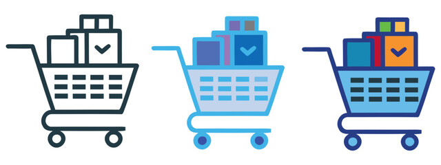 Collection of shopping cart icons featuring full carts with packages for e-commerce and retail applications © MdRakinMahtab