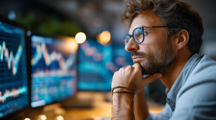 Experienced faceless analyst studies financial data on multiple computer screens, person in eyeglasses carefully reviews stock market charts, analyzing trends, making decisions, wi