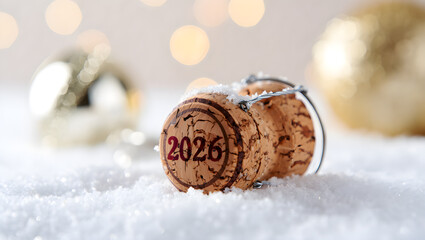 Festive New Year 2026 celebration with champagne cork in sparkling white snow
