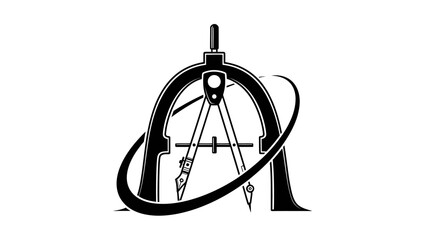 Minimalist black and white digital drawing of a geometric protractor and compass intertwined with