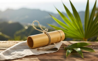 A beautifully crafted bamboo container with a rustic rope tie sits on a wooden surface with a soft cloth a lush green backdrop and mountain view in the background
