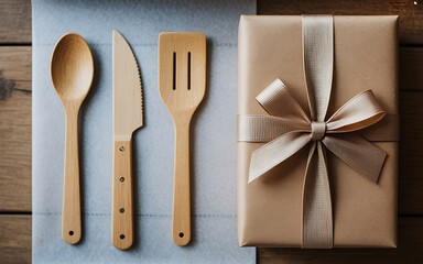 Festive gift presentation with wooden utensils and wrapped present beautifully decorated with ribbon for celebrating occasions