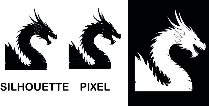 A graphic monochromatic serpentine dragon silhouette & pixel dominates the eps artwork