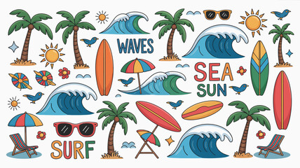 Obraz premium Vibrant Beach Scene with Surfboards, Palm Trees, and Sunny Waves