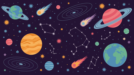 Vibrant Space Illustration with Planets, Stars, and Constellations