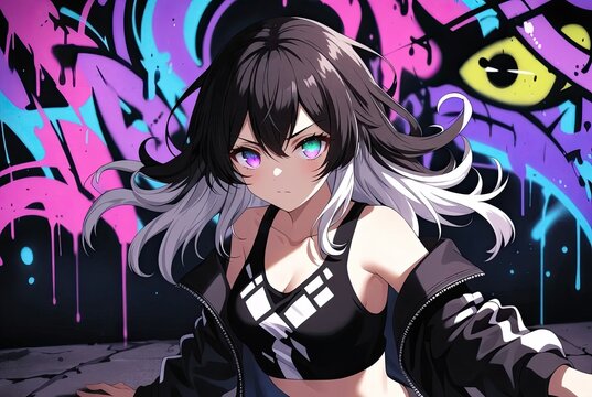 Urban cyber style character portrait featuring bold graffiti colors and glowing eyes