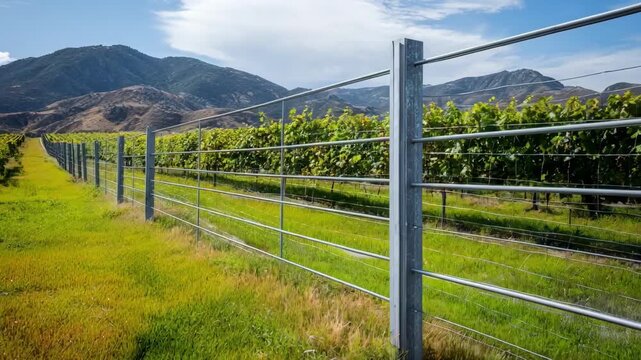 Medium shot of sturdy metal fencing panels protecting a thriving vineyard emphasizing durability and modern design