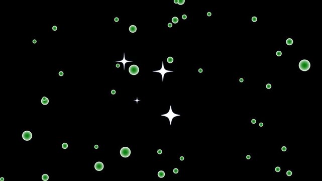 Sparkling star twinkle glitter white cartoon doodle animation with bubble animation, starry sky festive overlay, flat vector blinking shining light twinkling effect glowing on black screen, 4K video