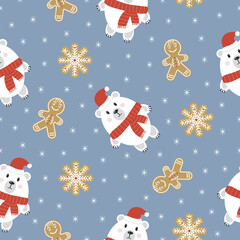 Seamless winter pattern with a teddy bear in hat and gingerbread cookies. Print, wallpaper for Christmas and New Year children's gifts, cards, banners, and backgrounds.