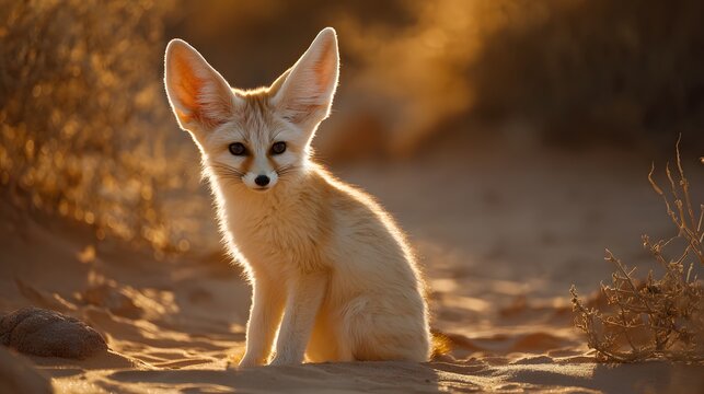 Adorable Fennec Fox Posing Gracefully in the Warm Desert Sunlight, Ears Perked Up.