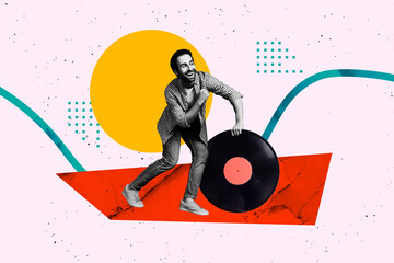 Template sketch image composite artwork collage of young man smile holf vinyl record music...