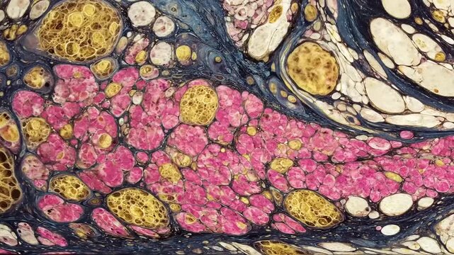 Abstract art with cellular structures. Spherical forms in pink, gold, and white. Dark blue outlines