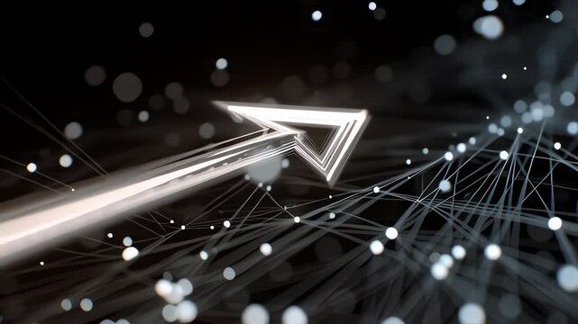 A glowing white arrow moves forward through a dark, abstract digital network of connected dots and lines, symbolizing progress and technology.