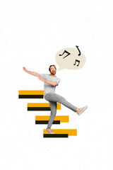 Composite image montage trend 3D collage of young man walk ladder dance sing song speech cloud...