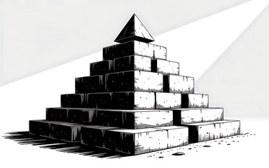 Monochrome illustration of a layered pyramid structure with a triangle top symbolic of building progress and structured architectural design