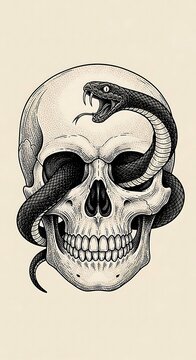 Detailed black and white ink illustration of a human skull with a large, venomous snake slithering through the eye sockets. Gothic tattoo style
