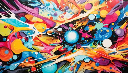 Vibrant abstract artwork with swirling colors and dynamic shapes creating a cosmic explosion of energy