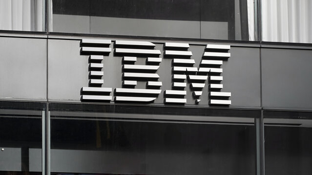 New York, NY - Dec. 8, 2025: International Business Machines Corporation, doing business as IBM, nicknamed Big Blue, corporate logo at 1 Madison Ave. in Manhattan