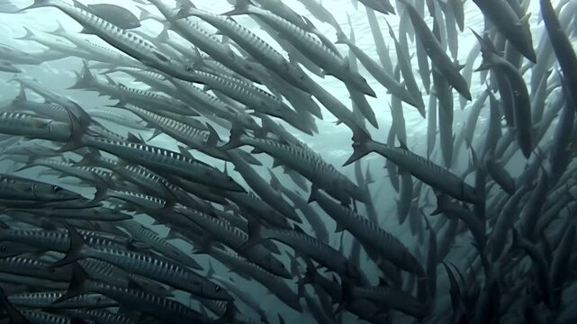 Witness an enormous school of Barracuda fish as they swim together in a swirling formation. This captivating display happens off the coast of Sipadan Island, Indonesia.