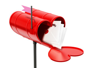 Open heart shaped mailbox full of love letters on transparent background. 3D illustration