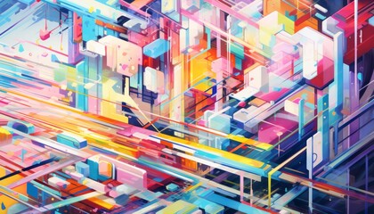 Colorful abstract geometric shapes and dynamic lines create a vibrant digital artwork full of energy and movement