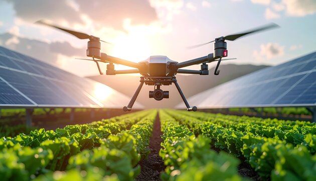 A drone flying over a lush green field with solar panels on either side, set against a sunny sky with clouds. Perfect for renewable energy, sustainable farming, and technology presentations.